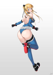 Rule 34 | 1girl, absurdres, ass, bare shoulders, black gloves, black ribbon, blonde hair, blue eyes, blue one-piece swimsuit, blue sleeves, blue thighhighs, boots, breasts, choker, dead or alive, dead or alive 5, dead or alive 6, dead or alive xtreme, error1945, frilled choker, frilled one-piece swimsuit, frilled thighhighs, frills, from behind, gloves, gradient background, grey background, hair ornament, hair ribbon, high heel boots, high heels, highleg, highleg swimsuit, highres, marie rose, one-piece swimsuit, ribbon, small breasts, swimsuit, thighhighs, twintails, x hair ornament