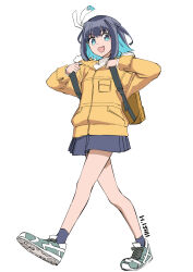 Rule 34 | 16bit sensation, 1girl, akisato konoha, backpack, bag, black hair, blue eyes, blue hair, fang, full body, highres, ishii hisao, jacket, looking at viewer, multicolored hair, open mouth, shoes, simple background, skirt, smile, sneakers, solo, two-tone hair, white background