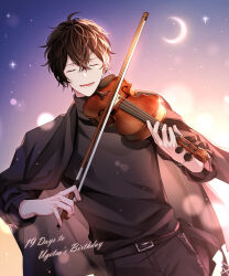 Rule 34 | 1boy, absurdres, belt, black belt, black sweater, blurry, bokeh, closed eyes, coat, coat on shoulders, countdown, cowboy shot, crescent moon, depth of field, dutch angle, given, hair between eyes, highres, instrument, male focus, moon, murata ugetsu, music, night, night sky, open mouth, pinoli (pinoli66), playing instrument, short hair, sky, smile, solo, sparkle, star (sky), sweater, violin