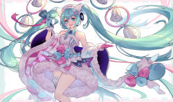 Rule 34 | 1girl, aqua eyes, aqua hair, bare shoulders, bell, blue bow, blush, bow, checkered clothes, collarbone, covered collarbone, detached sleeves, dress, earmuffs, fur-trimmed dress, fur-trimmed gloves, fur-trimmed sleeves, fur trim, gloves, hatsune miku, holding, holding bell, kan (rainconan), long hair, magical mirai miku, magical mirai miku (2020 winter), microphone, off-shoulder dress, off shoulder, open mouth, pink bow, pink gloves, single thighhigh, smile, solo, teeth, thighhighs, tongue, twintails, upper teeth only, very long hair, vocaloid, white dress, white thighhighs, wide sleeves