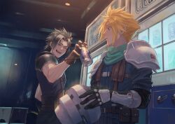 Rule 34 | 2boys, armor, black gloves, black hair, blonde hair, blue eyes, brown gloves, can, cloud strife, commentary, crisis core final fantasy vii, final fantasy, final fantasy vii, gloves, green scarf, unworn headwear, helmet, highres, ho fan, holding, holding can, holding helmet, indoors, looking at another, male focus, multiple boys, one eye closed, open mouth, parted bangs, scarf, shinra infantry uniform, shoulder armor, sidelocks, smile, spiked hair, sweater, symbol-only commentary, turtleneck, turtleneck sweater, upper body, vending machine, zack fair