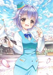 Rule 34 | 10s, 1girl, blue sky, brown eyes, building, cherry blossoms, cloud, day, flag, flight attendant, hair ornament, hairclip, hat, highres, idolmaster, idolmaster cinderella girls, kbyd (idolmaster cinderella girls), koshimizu sachiko, mini hat, name tag, open mouth, petals, purple hair, skirt, sky, smile, solo, tomoeri, traditional media, travel attendant, watercolor pencil (medium)