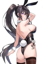 Rule 34 | 1girl, 2023, absurdres, animal ears, arm strap, arm up, ass, back, backless leotard, bare back, bare shoulders, black hair, black leotard, breasts, brown thighhighs, chinese zodiac, counter:side, cowboy shot, detached collar, fake animal ears, fake tail, from behind, highleg, highleg leotard, highres, korean text, large breasts, leotard, long hair, looking at viewer, looking back, median furrow, playboy bunny, ponytail, purple eyes, rabbit ears, rabbit tail, rehu, side-tie leotard, sideboob, sketch, skindentation, smile, solo, standing, strapless, strapless leotard, tail, thighhighs, very long hair, wrist cuffs, year of the rabbit, yoo mina