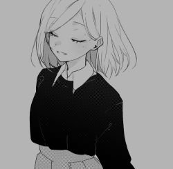 Rule 34 | 1girl, blush, closed eyes, collared shirt, commentary, eri (vtuber), grey background, greyscale, hair behind ear, indie virtual youtuber, monochrome, parted lips, sakai eri (illustratoreri), shirt, skirt, smile, solo, sweater, sweater tucked in, symbol-only commentary, virtual youtuber