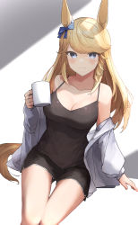 Rule 34 | 1girl, absurdres, animal ears, bare shoulders, black camisole, blonde hair, blue bow, bow, breasts, bright pupils, camisole, cleavage, collar, cup, ear bow, gold city (umamusume), grey eyes, highres, holding, holding cup, horse ears, horse girl, horse tail, jacket, jacket partially removed, long hair, long sleeves, medium breasts, mefuyaka, open clothes, open jacket, short shorts, shorts, sitting, solo, tail, umamusume, white pupils