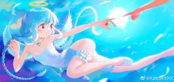 Rule 34 | 1girl, angel, angel wings, ass, bell, neck bell, blue hair, blush, braid, breasts, choker, flying, halo, highres, jingle bell, kaede (shijie heping), leotard, original, outstretched hand, red eyes, small breasts, sun, twin braids, weibo logo, weibo watermark, white leotard, wings