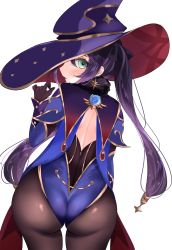 Rule 34 | 1girl, ass, black pantyhose, blue hat, cape, detached sleeves, elbow gloves, from behind, genshin impact, gloves, gold trim, green eyes, hair ornament, hair ribbon, hat, highres, huge ass, kimosora, leotard, long hair, looking at viewer, looking back, mona (genshin impact), pantyhose, purple hair, ribbon, shiny clothes, smile, solo, thighlet, thighs, twintails, very long hair