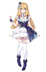 Rule 34 | 1girl, ankle boots, arm at side, blonde hair, blue eyes, blue footwear, blue vest, boots, braid, breasts, center frills, cleavage, closed mouth, crown, crown braid, detached collar, earrings, fold-over boots, frilled skirt, frills, full body, garter straps, hane yuki, high heel boots, high heels, highres, idol, isla coleman, jewelry, layered skirt, legs apart, light blush, long hair, looking at viewer, medium breasts, mini crown, miniskirt, official alternate costume, official art, pom pom (clothes), pom pom earrings, production kawaii, puffy short sleeves, puffy sleeves, see-through, see-through sleeves, short sleeves, simple background, skirt, smile, solo, standing, tachi-e, thigh gap, thighhighs, tilted headwear, vest, virtual youtuber, white background, white garter straps, white skirt, white thighhighs, wrist cuffs
