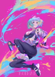 Rule 34 | 1girl, absurdres, aqua hair, black gloves, blonde hair, breasts, can, cleavage, english text, gloves, highres, holding, holding can, koi han, multicolored hair, original, paint, paint can, paint on clothes, paint splatter, parted lips, pink lips, purple background, purple eyes, short hair, smile, solo, splatter