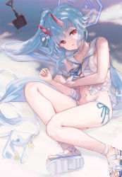 Rule 34 | 1girl, babydoll, bag, bare arms, bare legs, bikini, blue archive, blue hair, chise (blue archive), chise (swimsuit) (blue archive), flower, full body, groin, hair flower, hair ornament, halo, highres, horns, light blue hair, long hair, looking at viewer, lying, makihitsuji, navel, on side, oni horns, outdoors, parted lips, pointy ears, ponytail, red eyes, ribbon, sailor collar, sand, sandals, see-through, shoulder bag, side-tie bikini bottom, sidelocks, solo, string bikini, striped bikini, striped clothes, sunlight, swimsuit, two-tone bikini, unworn bag, very long hair, white bikini, white flower, white footwear, white sailor collar, wrist ribbon