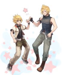 Rule 34 | 2boys, belt, black footwear, black shirt, black vest, black wristband, blonde hair, blue eyes, boots, brown footwear, brown pants, clenched hand, commentary, crossover, final fantasy, final fantasy xv, fingerless gloves, fist bump, freckles, full body, gloves, grey pants, hand up, happy, high collar, jacket, jewelry, kingdom hearts, kingdom hearts ii, looking at another, male focus, multiple boys, multiple rings, open clothes, open jacket, open mouth, pants, prompto argentum, ring, roxas, sasanomesi, shirt, shoes, short hair, signature, smile, spiked hair, standing, star (symbol), vest, white belt, white jacket, wristband