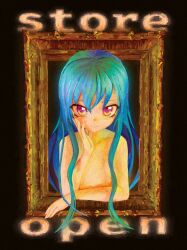 Rule 34 | 1girl, black background, blue hair, closed mouth, commentary, english commentary, english text, flat chest, hand on own cheek, hand on own face, hand up, highres, long hair, looking at viewer, nude, original, outside border, picture frame, purple eyes, smile, solo, straight-on, ufoshock, upper body