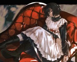 Rule 34 | 1girl, apron, black dress, black eyes, black hair, boots, collared dress, couch, dress, expressionless, highres, machihazure, original, short hair, sitting, solo, white apron