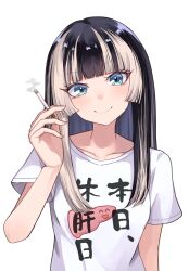 Rule 34 | 1girl, black hair, blue eyes, blunt bangs, blush, cigarette, collarbone, highres, holding, holding cigarette, hololive, hololive dev is, juufuutei raden, long hair, looking at viewer, meitei-rondo, multicolored hair, shirt, sidelocks, simple background, smile, smoke, solo, streaked hair, t-shirt, two-tone hair, virtual youtuber, white background