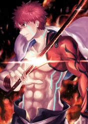Rule 34 | 1boy, abs, absurdres, emiya shirou, fate/grand order, fate (series), glint, highres, igote, katana, limited/zero over, looking to the side, male focus, orange eyes, red hair, repurika, senji muramasa (fate), topless male, signature, solo, sword, toned, toned male, upper body, weapon, wristband