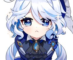 Rule 34 | 1girl, :&lt;, ahoge, aqua hair, ascot, black ascot, blue eyes, commentary request, crying, crying with eyes open, drop-shaped pupils, furina (genshin impact), genshin impact, hair between eyes, heterochromia, highres, kodona, lolita fashion, long hair, long sleeves, looking at viewer, low twintails, mismatched pupils, miyako draw, multicolored hair, sidelocks, simple background, solo, streaked hair, symbol-shaped pupils, tearing up, tears, twintails, two-tone hair, wavy hair, white background