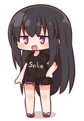 Rule 34 | 1girl, :d, black hair, black shirt, blue shorts, blush, chibi, clothes writing, commentary request, cutoffs, english text, full body, hair between eyes, hana kazari, hand on own hip, highres, long hair, looking away, open mouth, original, purple eyes, red footwear, sandals, shadow, shirt, short shorts, short sleeves, shorts, simple background, smile, solo, standing, very long hair, white background
