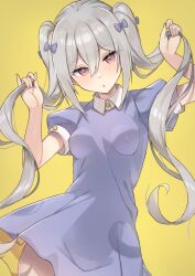 Rule 34 | 1girl, :c, blush, bow, breasts, breasts apart, collared dress, covered erect nipples, cowboy shot, cropped, dress, eichan (eichanidfi), grey hair, hair between eyes, hair bow, head tilt, highres, holding, holding hair, long hair, looking at viewer, original, puffy short sleeves, puffy sleeves, purple bow, purple dress, raised eyebrows, red eyes, short sleeves, sidelocks, simple background, small breasts, solo, thighs, twintails, yellow background