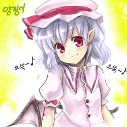 Rule 34 | 1girl, bat wings, fang, fang out, female focus, hat, head tilt, korean text, mob cap, pointy ears, remilia scarlet, solo, touhou, upper body, wings, yellow background
