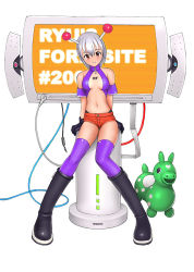 Rule 34 | 1girl, antennae, boots, gloves, grey hair, looking at viewer, red eyes, ryu (ryu&#039;s form site), short hair, short shorts, shorts, sitting, smile, solo, thighhighs