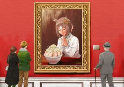 Rule 34 | 1girl, 3boys, animal ears, brown hair, cane, casual, chopsticks, commentary request, english text, fine motion (umamusume), food, hair between eyes, hair ornament, hat, highres, horse ears, jirou (ramen), multiple boys, own hands clasped, own hands together, painting (object), roku no ji, twitter username, umamusume, wall