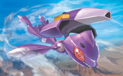 Rule 34 | anesaki dynamic, blue sky, brown eyes, cloud, cloudy sky, creature, creatures (company), day, floating, game freak, gen 5 pokemon, genesect, legendary pokemon, mythical pokemon, nintendo, no humans, official art, outdoors, pokemon, pokemon (creature), pokemon tcg, sky, solo, third-party source