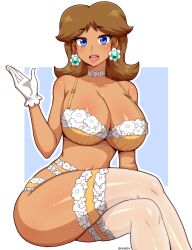 Rule 34 | 1girl, absurdres, bra, breasts, choker, cleavage, curvy, dark-skinned female, dark skin, earrings, flower choker, freckles, gloves, highres, jewelry, large breasts, lingerie, mario (series), nintendo, princess daisy, shiny skin, short hair, simmsy, super mario land, thick thighs, thighhighs, thighs, tomboy, underwear