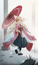 Rule 34 | 1girl, absurdres, animal ears, apron, arknights, black hakama, black pantyhose, blonde hair, bobby socks, chinese commentary, coin purse, commentary, floral print, flower, footprints, fox ears, fox girl, fox tail, frilled apron, frills, full body, green eyes, hair flower, hair ornament, hairband, hakama, hakama skirt, hands up, highres, holding, holding umbrella, japanese clothes, kimono, kitsune, kyuubi, long sleeves, multiple tails, obi, official alternate costume, oil-paper umbrella, okobo, orga (orgacl), outdoors, pantyhose, parted lips, pink kimono, pinwheel, platform footwear, pleated skirt, red hairband, red umbrella, sandals, sash, skirt, snow, socks, socks over pantyhose, solo, suzuran (arknights), suzuran (yukibare) (arknights), tabi, tail, umbrella, waist apron, white apron, white socks, wide sleeves, yagasuri