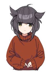 Rule 34 | 1girl, ahoge, alternate costume, brown eyes, brown hair, hair horns, hatsuzuki (kancolle), highres, holding finger, kantai collection, long sleeves, looking at viewer, red sweater, sayuwan, sidelocks, simple background, solo, sweater, turtleneck, turtleneck sweater, white background