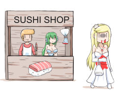 Rule 34 | 1boy, 2girls, :d, apron, bad id, bad pixiv id, bag, bare shoulders, blonde hair, blood, blood from mouth, blood on clothes, blush stickers, breasts, brown shirt, closed mouth, collarbone, comic, dress, elbow gloves, fins, food, food stand, gloves, greenteaneko, hair between eyes, head fins, highres, holding, holding knife, jewelry, knife, large breasts, light brown hair, long hair, long sleeves, medium breasts, mermaid, monster girl, multiple girls, open mouth, original, ornate ring, pantyhose, pendant, plastic bag, ring, scales, shirt, silent comic, smile, strapless, strapless dress, sushi, tail, turn pale, very long hair, walking, wedding band, wedding ring, white apron, white background, white dress, white gloves, white legwear, | |