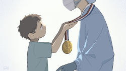 Rule 34 | 1boy, 1other, blue gloves, brown hair, child, commentary request, covered mouth, from side, giving, gloves, hands up, head out of frame, highres, kojiro337, long sleeves, looking at another, mask, medal, mouth mask, nurse, original, profile, shirt, short hair, simple background, t-shirt, thank you, upper body, white background