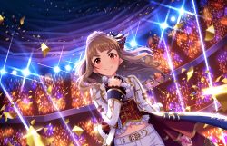 Rule 34 | 1girl, artist request, belt, blunt bangs, blush, brown hair, confetti, earrings, eyebrows, frills, hair bun, hair ornament, highres, holding, holding microphone, idol, idolmaster, idolmaster cinderella girls, idolmaster cinderella girls starlight stage, jacket, jewelry, kamiya nao, lace, lights, long hair, long sleeves, looking at viewer, microphone, midriff, navel, official art, red eyes, ring, shorts, single hair bun, smile, solo, stage, standing, sweat, thick eyebrows, wavy hair