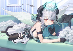 Rule 34 | 1girl, alternate costume, black gloves, black thighhighs, breasts, closed mouth, commentary request, copyright request, couch, demon girl, demon horns, demon tail, dress, enmaided, feathered wings, flower, gloves, grey hair, hair between eyes, half gloves, halo, highres, horns, indoors, kitada mo, large breasts, long hair, looking at viewer, maid, maid headdress, no shoes, hugging object, on couch, petals, pillow, pillow hug, red eyes, rose, sideboob, solo, tail, thighhighs, very long hair, virtual youtuber, white dress, white flower, white rose, white wings, wings