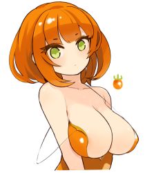 Rule 34 | 1girl, bare shoulders, breasts, character request, cleavage, closed mouth, collarbone, green eyes, large breasts, long hair, looking at viewer, mota, orange hair, personification, simple background, solo, white background