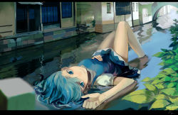Rule 34 | 1girl, bad id, bad pixiv id, bridge, cirno, city, hand on own stomach, lying, on back, par., partially submerged, smile, soaking feet, solo, touhou, water