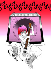 Rule 34 | 1girl, bare legs, boots, collared shirt, glasses, gradient background, gradient hair, grey eyes, guitar, instrument, kick katze, looking at viewer, multicolored hair, original, pink hair, red hair, shirt, sitting, sleeveless, sleeveless shirt, solo, speaker, spot color, white shirt