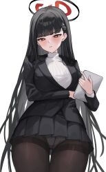 Rule 34 | 1girl, asashin (asn), black hair, black pantyhose, black skirt, black suit, blue archive, blunt bangs, bright pupils, formal, hair ornament, hairclip, highres, holding, holding tablet pc, long hair, long sleeves, looking at viewer, panties, panties under pantyhose, pantyhose, pleated skirt, red eyes, rio (blue archive), simple background, skirt, solo, suit, sweater, tablet pc, thighband pantyhose, turtleneck, turtleneck sweater, underwear, upskirt, white background, white sweater