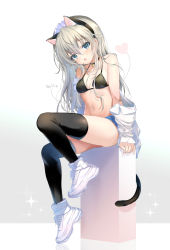Rule 34 | 1girl, :o, animal ears, bare shoulders, bikini, bikini top only, black bikini, black choker, black thighhighs, blue eyes, blue shorts, breasts, cat ears, cat tail, choker, emily (pure dream), fake animal ears, hairband, halterneck, headdress, highres, long hair, looking at viewer, micro shorts, navel, off shoulder, open clothes, open mouth, open shirt, original, shirt, shoes, shorts, simple background, sitting, small breasts, sneakers, solo, stomach, string bikini, swimsuit, tail, thighhighs, thighs, white background, white footwear, white hair, white shirt