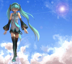 Rule 34 | 1girl, bad id, bad pixiv id, beamed quavers, black footwear, black thighhighs, boots, closed eyes, detached sleeves, facominn, gradient background, green hair, hatsune miku, highres, long hair, musical note, solo, thigh boots, thighhighs, treble clef, twintails, very long hair, vocaloid, zettai ryouiki