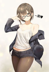 Rule 34 | 1girl, absurdres, brown eyes, brown hair, brown pantyhose, camisole, closed mouth, crop top, dedeko, eyebrows hidden by hair, glasses, happy, heart, highres, jacket, jacket partially removed, looking at viewer, one eye closed, original, pantyhose, short shorts, shorts, smile, solo, straight hair, tank top