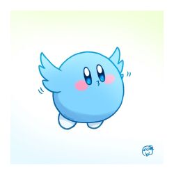 Rule 34 | :3, blue eyes, blush, blush stickers, commentary request, copy ability, crossover, flying, full body, highres, kirby, kirby (series), nintendo, no humans, signature, simple background, solo, ton (ton pppm427), twitter, twitter bird, white background