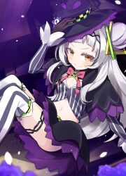 Rule 34 | 1girl, akagi (sk0127aho), arched bangs, breasts, capelet, cleavage, cropped shirt, grey hair, grey shirt, hair bun, hat, highres, hololive, long hair, looking at viewer, murasaki shion, murasaki shion (1st costume), navel, purple capelet, purple hat, purple skirt, shirt, short eyebrows, skirt, small breasts, smile, striped clothes, striped shirt, thigh strap, thighhighs, vertical-striped clothes, vertical-striped shirt, virtual youtuber, white thighhighs, witch hat, yellow eyes