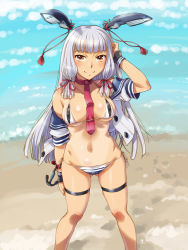Rule 34 | 1girl, adapted costume, anchor symbol, beach, bikini, blue sky, blunt bangs, blush, breasts, brown eyes, cameltoe, closed mouth, cloud, collarbone, covered erect nipples, day, gluteal fold, groin, hair ribbon, headgear, kantai collection, legs apart, long hair, looking at viewer, medium breasts, micro bikini, murakumo (kancolle), murakumo kai ni (kancolle), navel, necktie, ocean, off shoulder, open clothes, open shirt, outdoors, red necktie, ribbon, sailor collar, sameha ikuya, sand, side-tie bikini bottom, sidelocks, silver hair, sky, smile, solo, standing, stomach, string bikini, swimsuit, tan, thigh strap, thighs, tress ribbon, wrist straps