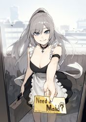 Rule 34 | 1girl, alternate costume, apron, armlet, bare shoulders, black dress, blue eyes, breasts, business card, cleavage, closed mouth, doorway, dress, enmaided, frilled apron, frills, gogalking, grey hair, high ponytail, highres, holding, holding suitcase, jewelry, large breasts, looking at viewer, maid, maid (gogalking), maid apron, necklace, original, outdoors, pov doorway, reaching, reaching towards viewer, salaryman, sleeveless, sleeveless dress, smile, suitcase, waist apron, white apron