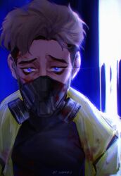 Rule 34 | 1boy, artist name, black hair, blood, blood on face, blue eyes, brown hair, chimku, commentary, covered mouth, english commentary, english text, gas mask, highres, killing stalking, looking at viewer, male focus, mask, multicolored hair, oh sangwoo, short hair, solo, two-tone hair