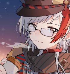 Rule 34 | 1boy, arknights, bespectacled, brown hat, brown scarf, coat, coffee cup, commentary, cup, disposable cup, elysium (arknights), elysium (snowy echo) (arknights), fur-trimmed coat, fur trim, glasses, gradient sky, grey eyes, hat, holding, holding cup, looking at viewer, maguro kan, male focus, multicolored hair, outline, pixelated, red hair, scarf, semi-rimless eyewear, short hair, sidelocks, sky, smile, solo, streaked hair, striped clothes, striped scarf, sunset, upper body, visible air, white hair