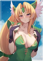 Rule 34 | 1girl, absurdres, armor, black gloves, blonde hair, blue sky, blush, breasts, cleavage, collarbone, day, dress, forehead jewel, gloves, green dress, helmet, highres, large breasts, long hair, looking at viewer, low-tied long hair, open mouth, outdoors, partially fingerless gloves, pauldrons, riesz, seiken densetsu, seiken densetsu 3, shoulder armor, sky, sleeveless, sleeveless dress, solo, valkyrie, very long hair, wabimochi, winged helmet