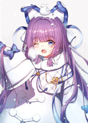 Rule 34 | 1girl, animal ears, azur lane, bird, blue bow, blue eyes, blush, bow, breath, coat, commentary request, fake animal ears, fur trim, hair ornament, hair ribbon, heart, highres, long hair, long sleeves, looking at viewer, one eye closed, open mouth, paya (aejx2345), pom pom (clothes), ponytail, purple hair, ribbon, simple background, sleeves past wrists, snow on head, snowing, steam, tashkent (azur lane), very long hair, white background, white coat