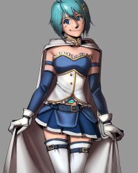 Rule 34 | 1girl, archived source, armor, artist request, bad id, bad twitter id, belt, blue belt, blue eyes, blue hair, blue skirt, breastplate, cape, cowboy shot, detached sleeves, elbow gloves, fortissimo, gloves, grey background, hair ornament, head tilt, highres, holding, holding cape, holding clothes, looking at viewer, magical girl, mahou shoujo madoka magica, mahou shoujo madoka magica (anime), midriff, miki sayaka, musical note, musical note hair ornament, short hair, simple background, skirt, smile, solo, soul gem, standing, thighhighs, white cape, white gloves, white thighhighs, zettai ryouiki
