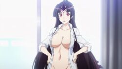 1girl animated anime_screenshot black_hair bottomless bouncing_breasts breasts close-up collarbone dragon_girl dragon_horns dragon_tail groin highres horns indoors large_breasts long_hair naked_shirt navel nihon_e_youkoso_elf-san. no_bra no_panties open_clothes open_shirt out-of-frame_censoring red_eyes shirt single_horn solo sound standing tail undersized_clothes very_long_hair video white_shirt wide_hips wridra